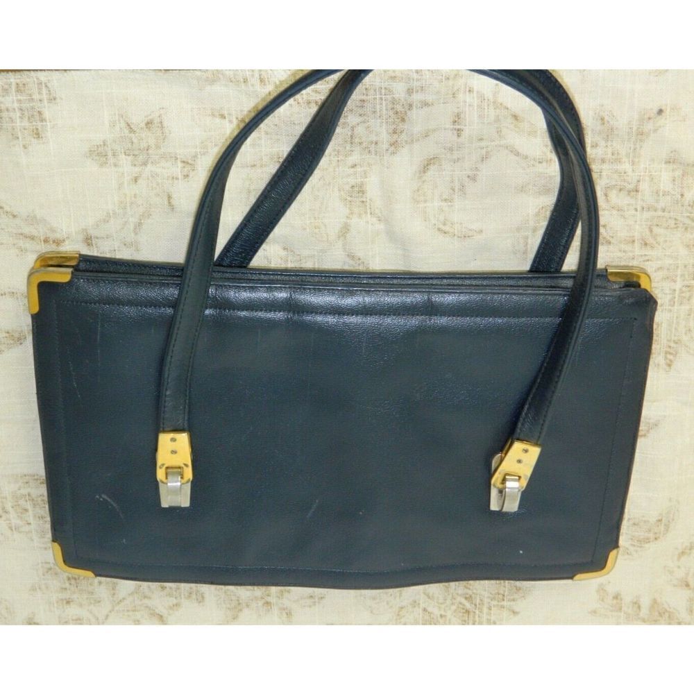 Koret Handbag Blue Leather Handles Two Compartments‎ Zipper Pocket Vintage